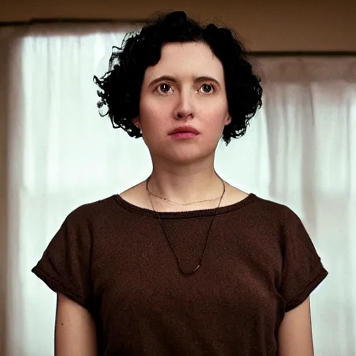 Image similar to a woman, short curly black hair, round face, still from a Wes Anderson Movie,