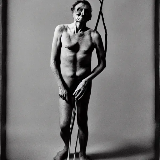 Image similar to a man with sticks protruding from their skin, large format film photograph by richard avedon