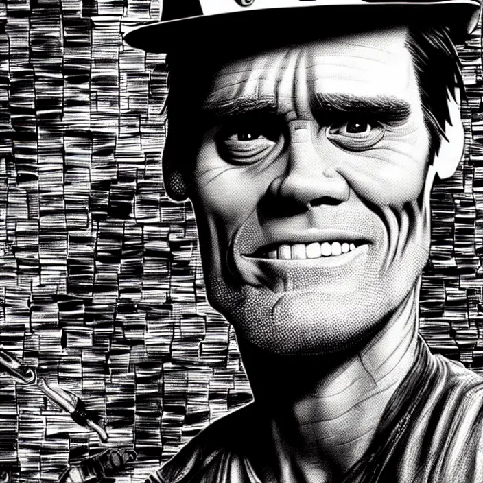 Prompt: extreme close - up on jim carrey as a miner : background : black tiles on walls. black and white, pencil and ink. by gabriel hardman, joe alves, chris bonura. cinematic atmosphere, detailed and intricate, perfect anatomy