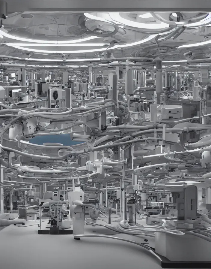 Image similar to a secret research center with a scanning machine connected by many computers with many pipes par ryan church, photorealistic, ultra detailed, cinematographic, filmic