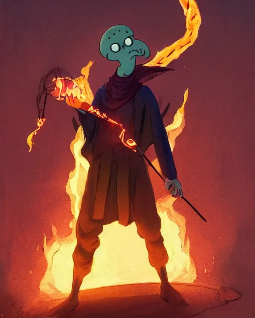 Image similar to squidward with [ [ [ [ [ [ four legs ] ] ] ] ] ] wearing fire nation clothing and practicing firebending outside at susnset, [ greg rutkowski ]