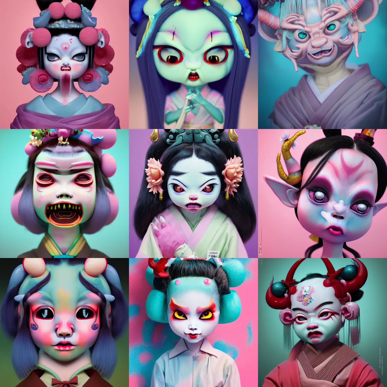 Prompt: an oni demon geisha by amy sol hikari shimoda, mark ryden, cute, weird, cool, pastel colors, glass, plastic, face symmetry, artstation, houdini sidefx, octane 3 d, 8 k