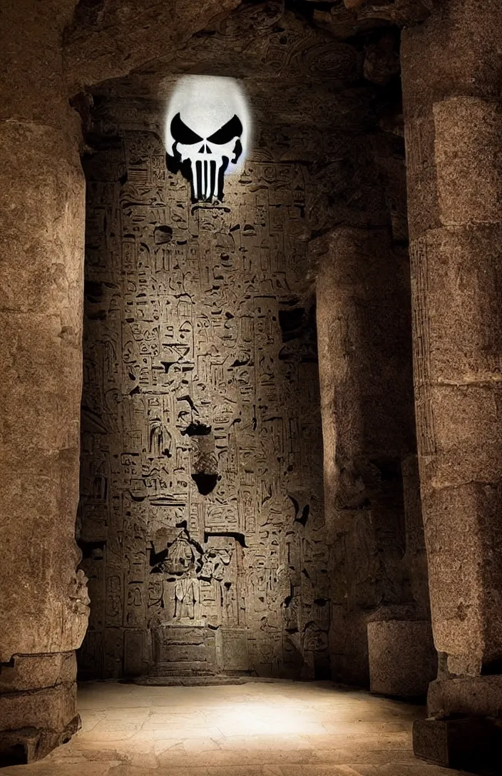 Image similar to punisher symbol is giant arching entrance and pillars in the form of the punisher icon forming entrance into ancient egyptian temple with luminous smoke and light rays.