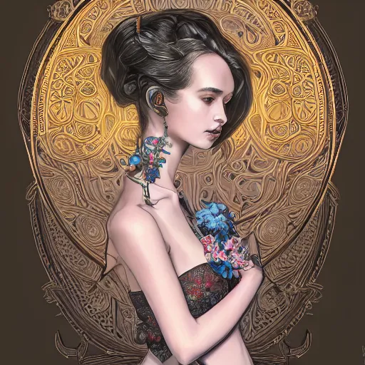 Image similar to the portrait of an unbelievably beautiful, elegant, sensual, and sophisticated young woman, an ultrafine detailed illustration by james jean, intricate linework, bright colors, final fantasy, behance contest winner, vanitas, angular, altermodern, unreal engine 5 highly rendered, global illumination, radiant light, detailed and intricate environment