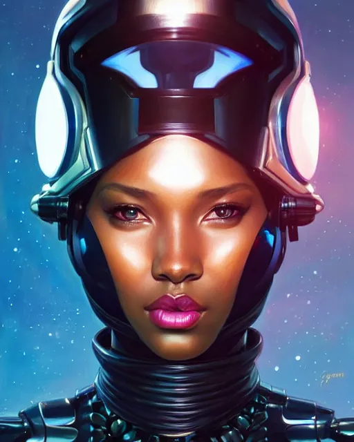 Image similar to Portrait of very very very very very very beautiful black woman, spacesuit, futuristic cybernetic helmet, blue eyes, real life skin, intricate, elegant, highly detailed, artstation, concept art, smooth, sharp focus, art by artgerm and greg rutkowski and alphonse mucha