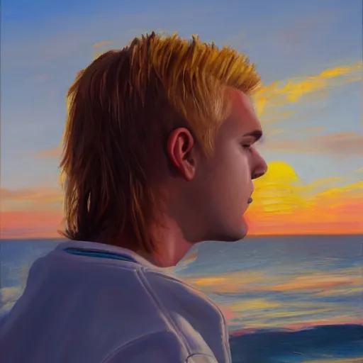 Image similar to a teen guy with a blonde mullet, portrait, sunset, ocean in distance, oil painting, pale colors, high detail, 8 k, wide angle, trending on artstation,