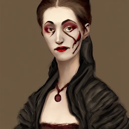 Prompt: head and shoulder professional portrait of a victorian female vampire, painted in the style of bloodborne, interesting color use, vampire fashion, highly detailed, melancholy, vampire teeth