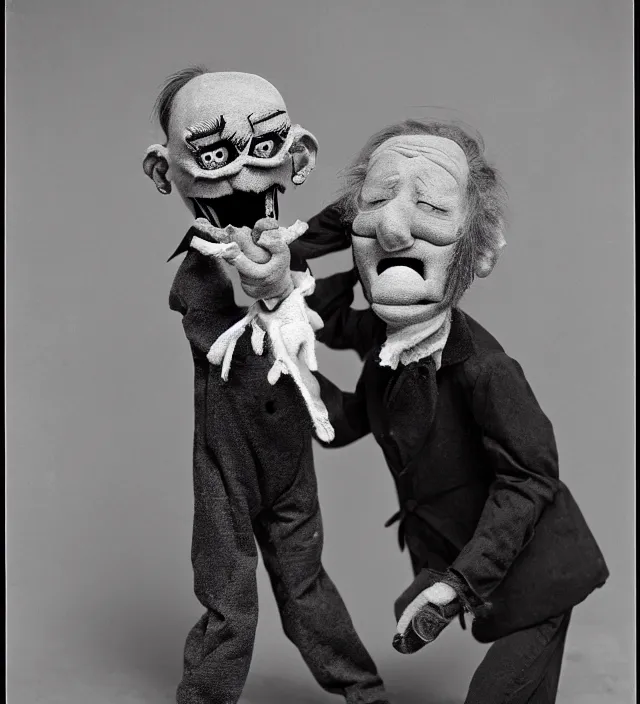 Prompt: hyper realistic old photography of lunatic mad ventriloquist old man with terrific haunted puppet