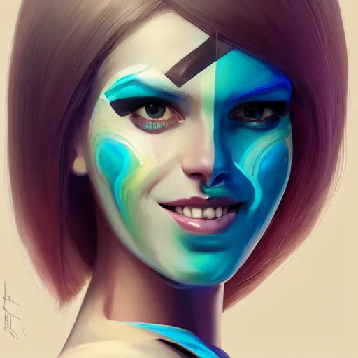 Image similar to android robot woman face painting, looking straight to camera, muted colors, matte print, pastel colors, ornate, digital art, cute smile, winning artwork, digital painting, professional art, elegant, by Ilya Kuvshinov, by artgerm