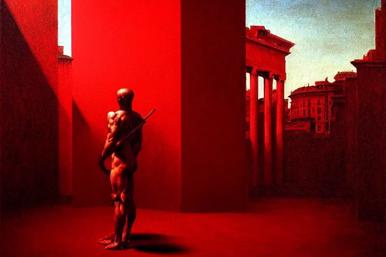 Image similar to only with red, caesar after war, the deal, a red tiger, in hoc signo vinces, rome in background, an ancient path, in the style of beksinski, part by hopper, part by rodcenko, part by hofbauer, intricate composition, red by caravaggio, insanely quality, highly detailed, masterpiece, red light, artstation