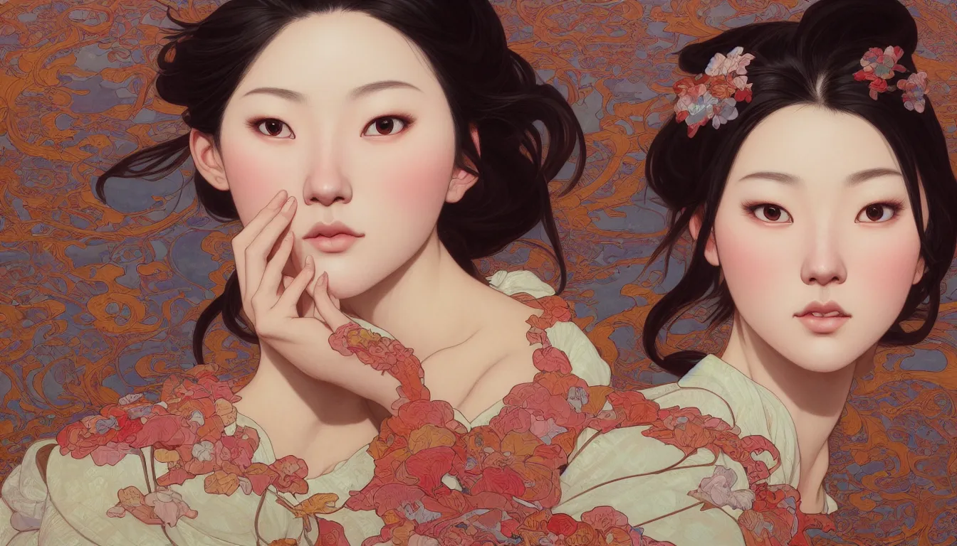 Prompt: excellent painted portrait of one pretty japanese girl with upturned nose, high quality masterpiece painted, patterned background, 4 k, trending on artstation, octane render, art by james jean and artgerm and greg rutkowski and alphonse mucha and craig mullins and james jean and andrei riabovitchev and marc simonetti and peter mohrbacher