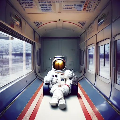 Prompt: a beautiful photo of an astronaut sitting in a train, soft light, morning light, photorealistic, realistic, octane, 8k, cinematic shot