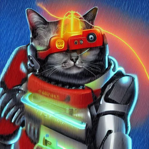 Image similar to cyborg cat with laser guns drawn in the blizzard style artists