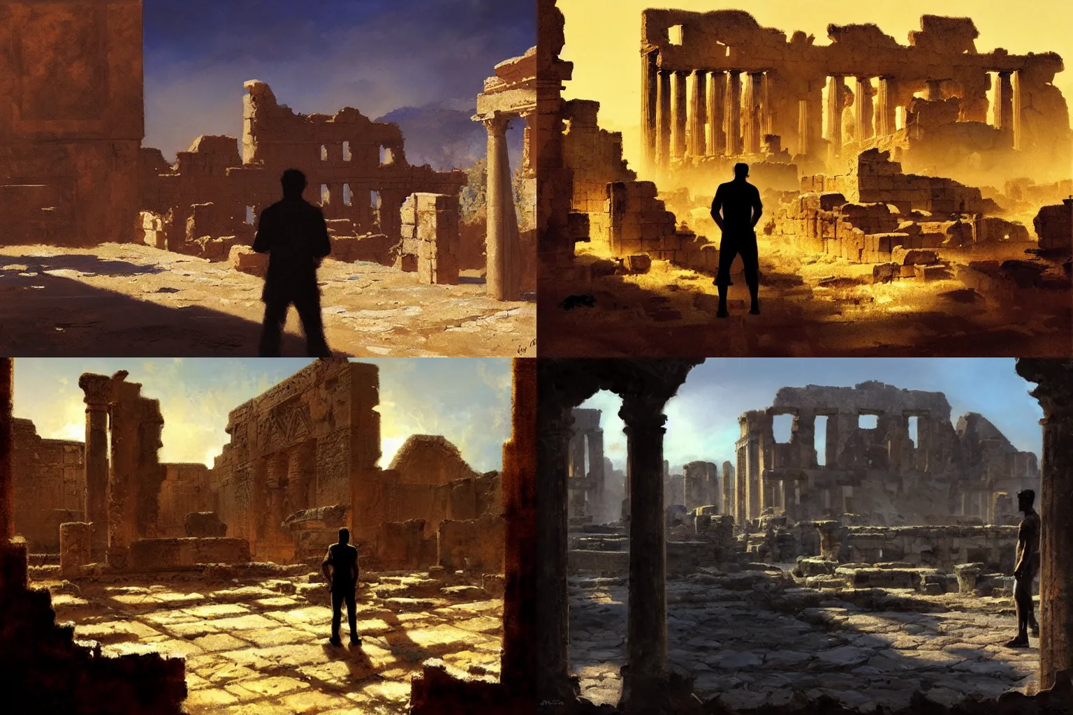 Prompt: silhouette of a man looking at ancient ruins by craig mullins, masterpiece, atmospheric