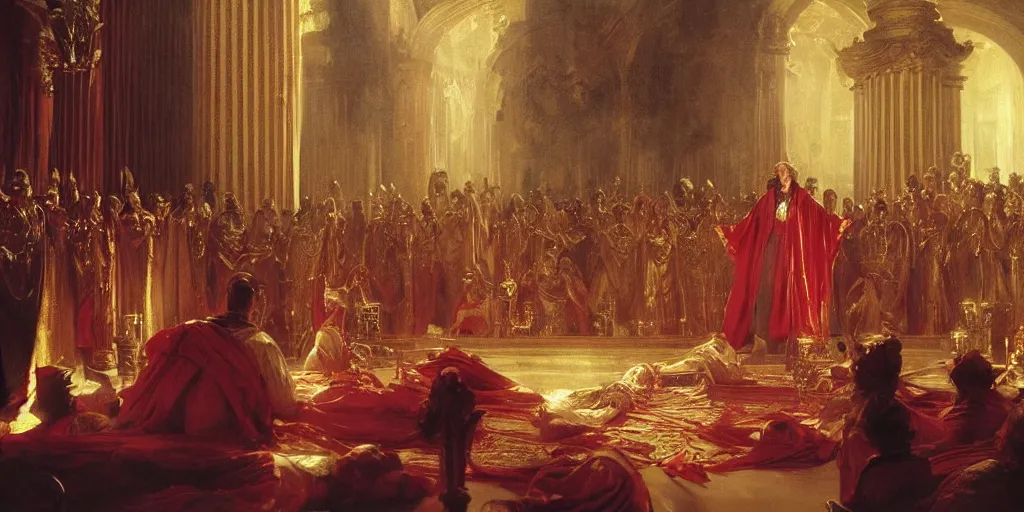 Image similar to beautiful oil matte portrait painting, steve buscemi in royal crimson robes enthroned as the god emperor of ancient rome surrounded by servants in gilded halls a golden wreath upon his head, by anders zorn, wonderful masterpiece by greg rutkowski, beautiful cinematic light, american romanticism, by thomas lawrence, greg rutkowski