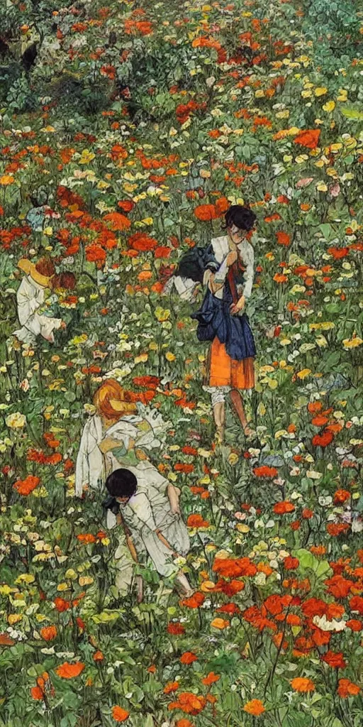 Image similar to oil painting scene from flower fields in the forest by kim jung gi