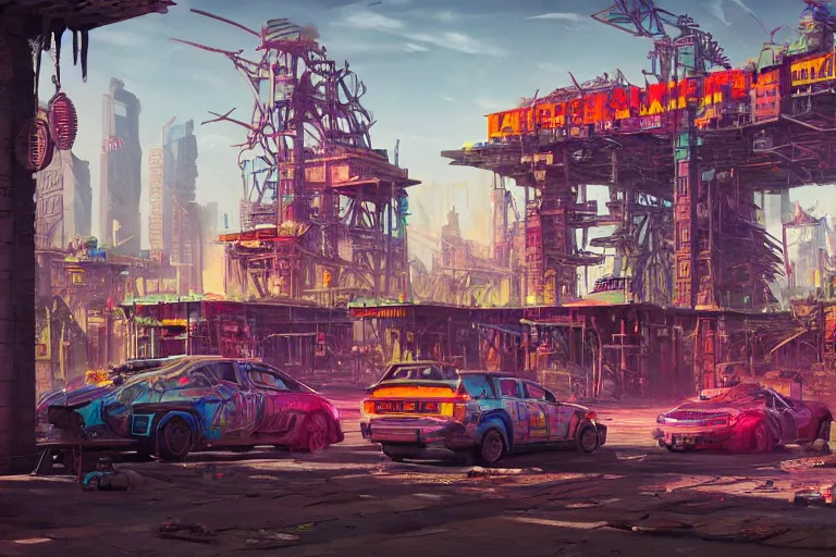 Image similar to hyperrealistic matte painting of aztec temples in a cyberpunk future environment with flying cars, mechanical features and neon, graffiti, scaffolding, smog, destruction by filip hodas, beeple, 4 k, trending on cgsociety