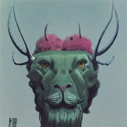 Image similar to a creature with the body and eyes of a man, with the beak of an eagle, the mane of a lion, and the horns of an ox. drawn by zdzislaw beksinski, green, pink, blue