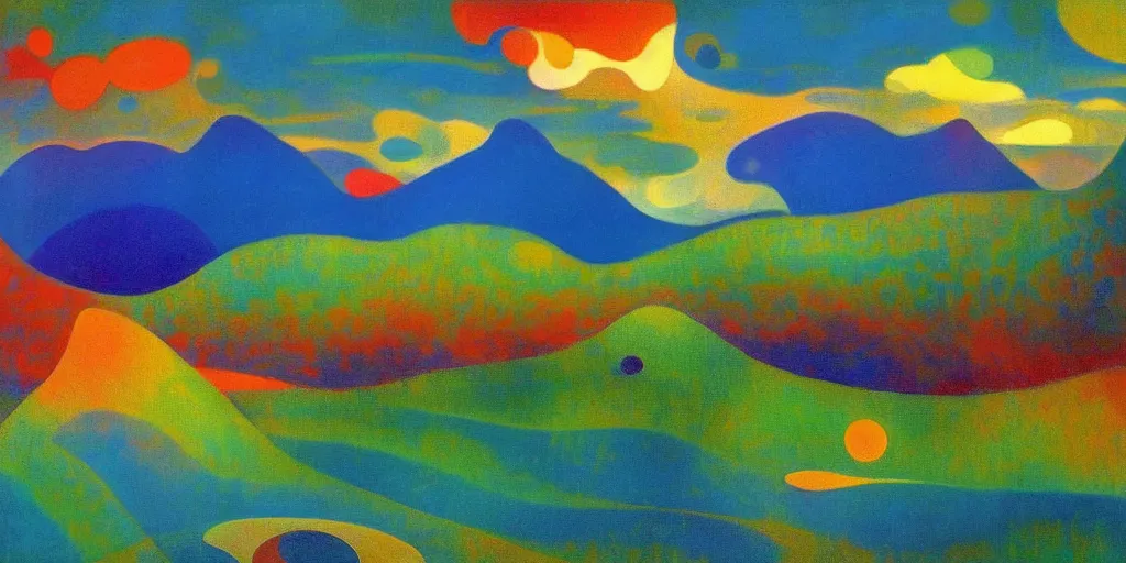 Image similar to An insane, modernist landscape painting. Wild energy patterns rippling in all directions. Curves, organic, zig-zags. Mountains, clouds. Rushing water. Waves. Psychedelic dream world. Odilon Redon. Agnes Pelton. Peter Max.