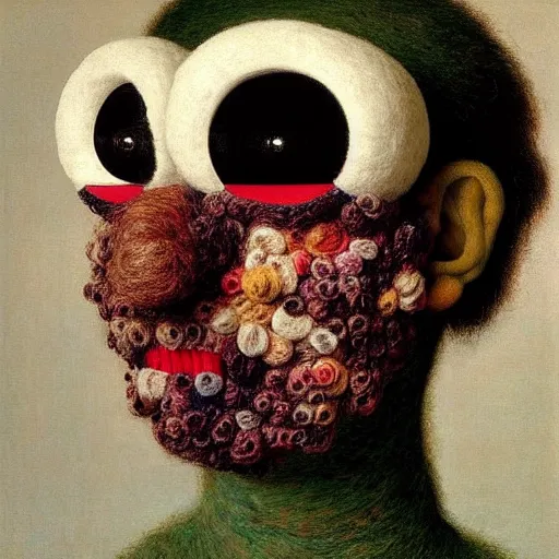 Prompt: portrait photo of a wool sock with giant eyes, face made from pixels and voxels, extremely high details, realistic, by Giuseppe Arcimboldo, Edward Hopper, Rene Margitte