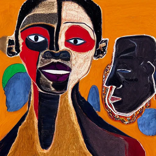 Prompt: a professionally painted african male model , clothed in ancient street wear, dark skin, red gold hair, beautiful bone structure, big symmetrical scar features, stunningly, beautiful, intricate, elegant, digital painting, smooth, sharp focus, illustration, made by, Jacob Lawrence, Sam Gilliam, Edmonia Lewis, Jean-Michel Basquiat, Henry Taylor