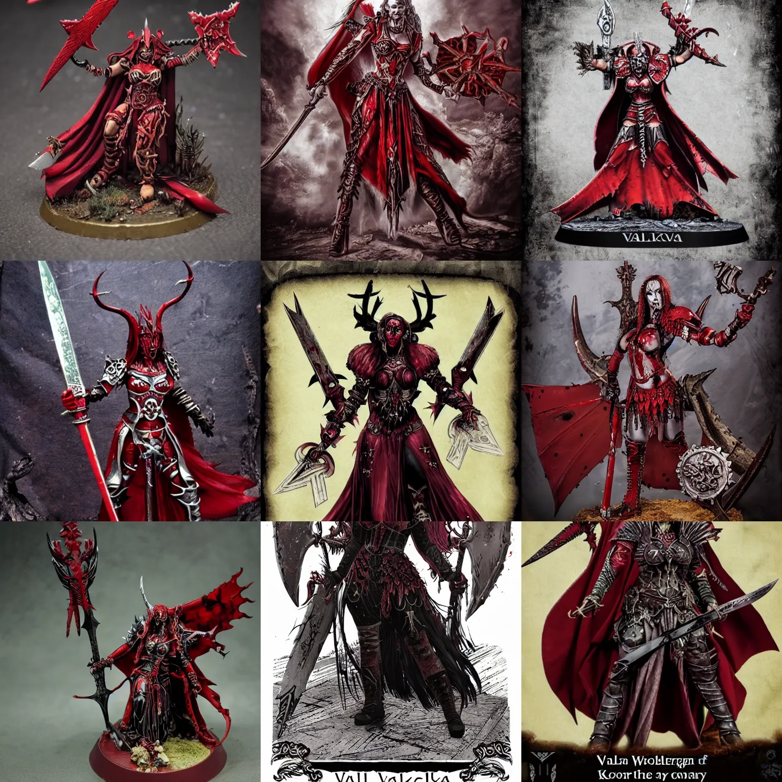 Prompt: Valkia the Bloody, the Gorequeen, the Valkyrie, the Bringer of Glory, the Sword-Maiden of the Blood God and the Dread-Consort of Khorne