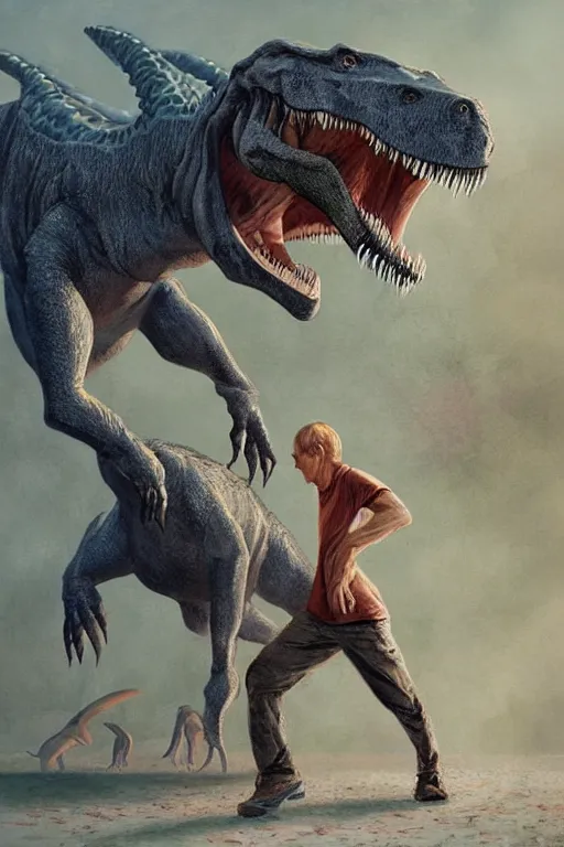 Prompt: Putin stole a real dinosaur beautiful art, realistic proportions, soft light, soft colors, smooth, sharp focus, illustration, art