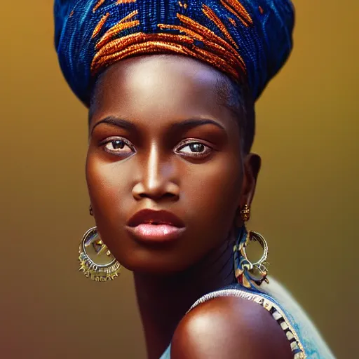 Prompt: vintage portrait of a stunningly beautiful west african female, depth of field, zeiss lens, detailed, symmetrical, centered, fashion photoshoot, by edward s curtis, Annie Leibovitz and Steve McCurry, David Lazar, Jimmy Nelsson, Breathtaking, 8k resolution, extremely detailed, beautiful, establishing shot, artistic, hyperrealistic, beautiful face, octane render