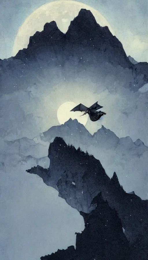 Image similar to a white bat, flying against a black night sky, mountain in the background, moonlight, denoised, very detailed, painted by james gurney, norman rockwell, tom bagshaw