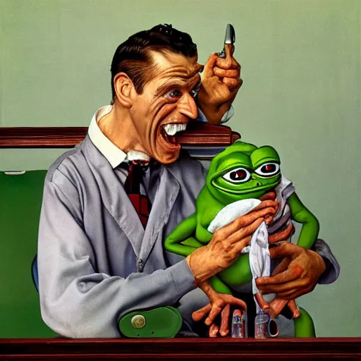 Prompt: pepe the frog at the dentist by norman rockwell