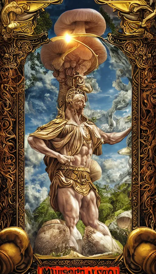 Image similar to a masterpiece hyperdetailed dnd tarot card, magnificent mushroom deity as depicted in a colossal greek marble statue ( with godlike perfect bodybuilder physique ), hd tarot card depicting monumental statue of a noble mushroom god with cute large mushroom hat, hdr, 8 k, artstationhq, digital art