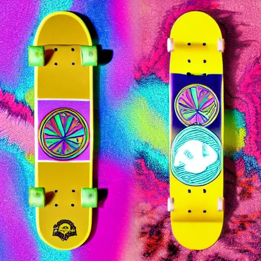 Prompt: 8 0's skateboard culture based psychedelic color combinations