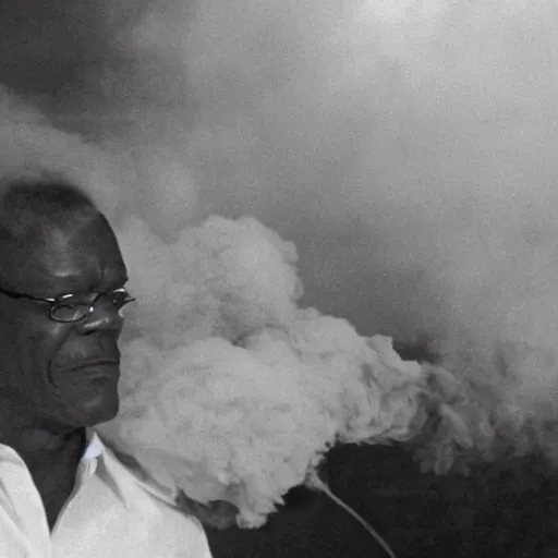 Prompt: samuel jackson getting arrested while exhaling a cloud of smoke, candid photography