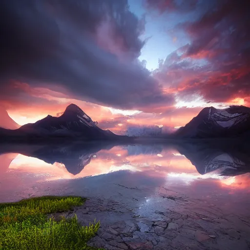 Image similar to landscape photography by marc adamus, glacial lake, sunset, dramatic lighting, mountains, clouds, beautiful