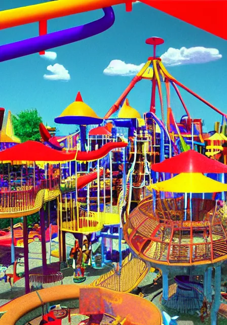 Image similar to a colorful primitive 3D render of an amusement park, Primitive 90s CGI render, 1994, softimage 3D, bryce 3D, infini-D, surreal, retro 70s scanned magazine ad