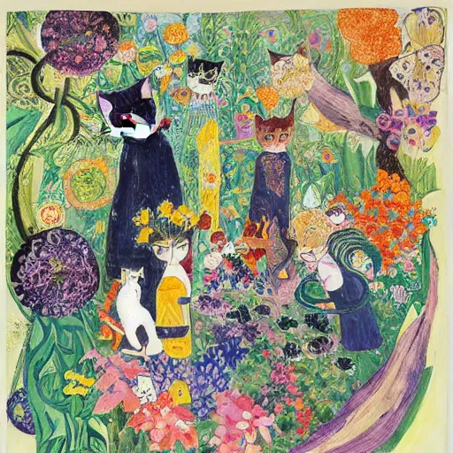 Prompt: a group of cat playing in a garden of flowers, a mix media painting by Victo Ngai, laurel burch and Leonardo da Vinci and Natalia Goncharova, cluttered , child's drawing