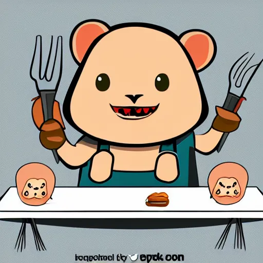 Prompt: a hamster with an evil face, in a butcher shop, holding knives in his hands. standing in front of the table. cartoon. front view.