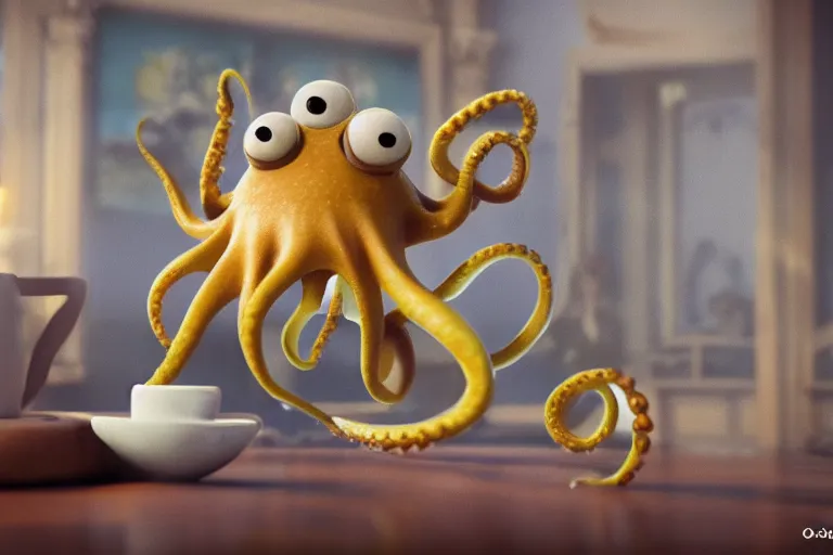Prompt: Angry little octopus threatening with a fist from a cup of coffee in beautiful morning café in Paris. Pixar Disney 4K 3d render funny animation movie Oscar winning trending on ArtStation and Behance. Oscar Award winner