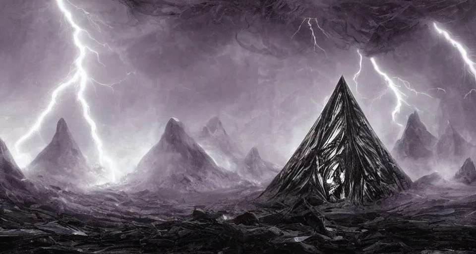 Image similar to black lovecraftian eldritch!! obsidian covered in etching pyramid!! purple light beams on a snowy mountain, being found by explorers, snowy, windy, by eugene von guerard, ivan shishkin, night, lightning!!, storm!, dramatic lighting, concept art, trending on artstation, 8 k