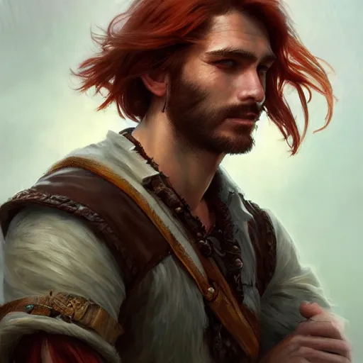 Image similar to portrait of a young ruggedly handsome but optimistic pirate, male, masculine, upper body, red hair, very long hair, d & d, fantasy, intricate, elegant, highly detailed, digital painting, artstation, concept art, matte, sharp focus, illustration, art by artgerm and greg rutkowski and alphonse mucha