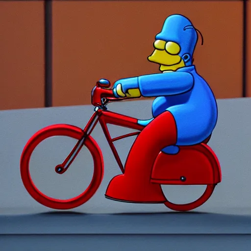 Image similar to homer Simpson riding a red bike, detailed , award winning, art, 8k