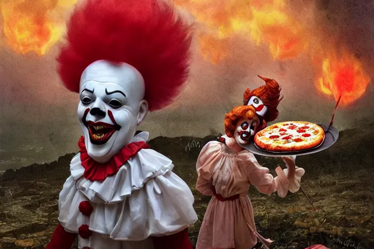 Prompt: pennywise as pulcinella! with a pizza! margherita in front of vesuvius! spewing lava, by esao andrews, by james jean, post - apocalyptic, hyperrealistic, big depth of field, night scenery, glowing lava, 3 d octane render, 4 k, conceptart, masterpiece, hyperrealistic, trending on artstation