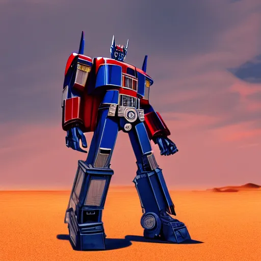 Prompt: medium portrait of optimus prime transformer emblazoned with the nigerian flag standing in the middle of a deserted highway in the sahara desert, super hero pose, dramatic sky, concept art, trending on art station, aaa video game art, hyper realism, octane render