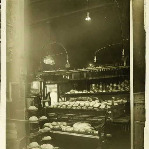 Image similar to nineteenth century, paris bakery interior, montmartre, photograph, style of atget, old, creepy