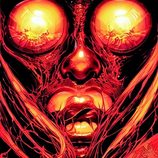 Prompt: closeup of face melting in agony, inside dark oil, frontal picture, by masamune shirow, josan gonzales and dan mumford