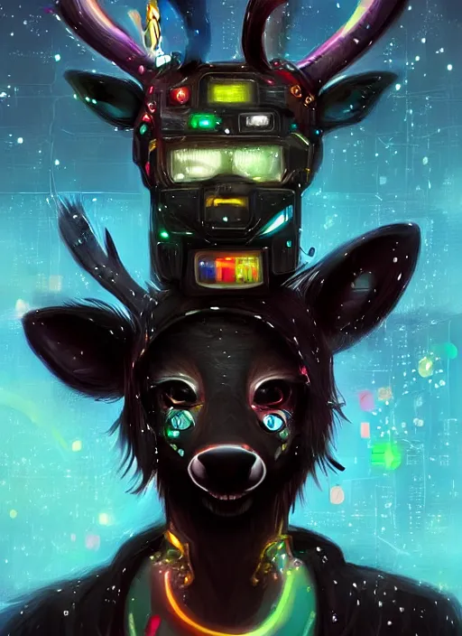 Image similar to award winning beautiful portrait commission of a male furry anthro Black Reindeer cyberpunk fursona with a tail, wings, wings, wings and a cute beautiful attractive detailed furry face wearing a crown, stylish black and rainbow galaxy clothes, outline, in a cyberpunk city at night while it rains. Character design by charlie bowater, ross tran, artgerm, and makoto shinkai, detailed, inked, western comic book art