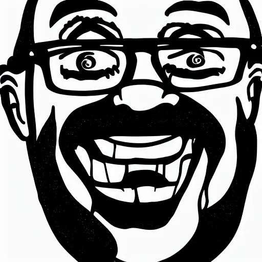 Prompt: completely solid white bald man with stubble and glasses and his mouth wide open with excitement, microsoft paint drawing, black and white line art