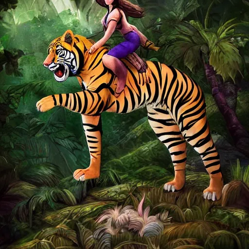 Prompt: girl riding giant tiger in the jungle, trending on artstation