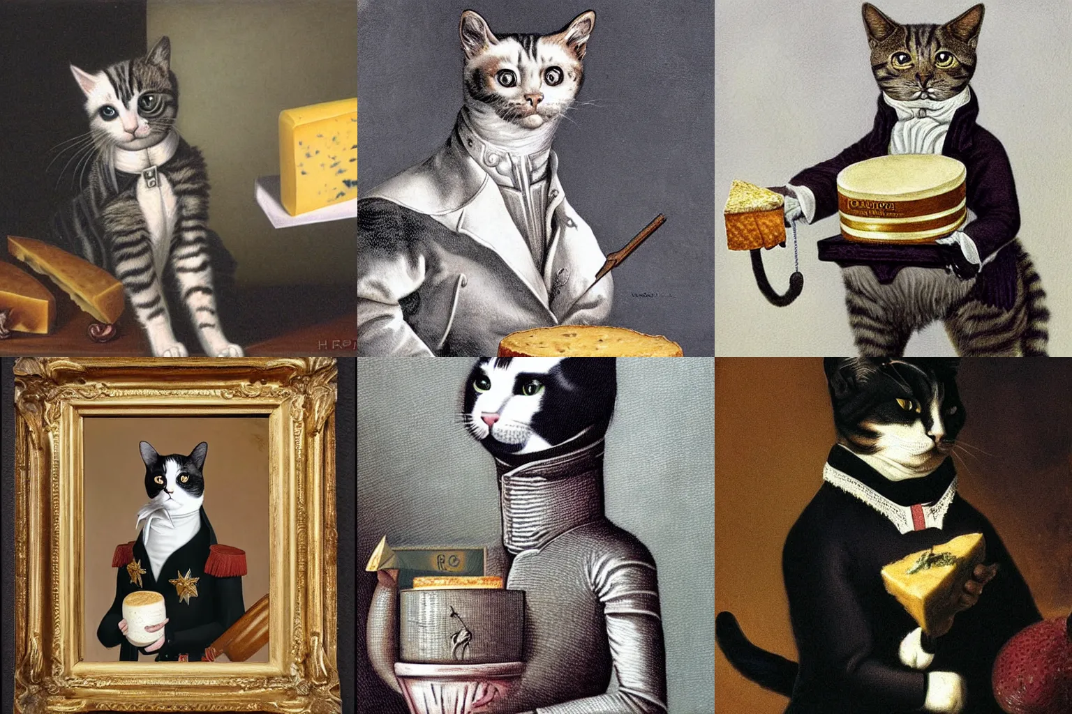 Prompt: a cat dressed as Napoleon holding cheese by H.R. Giger