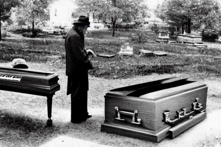 Image similar to a creepy old man playing a piano in the shape of a casket, with other caskets piled up in the back